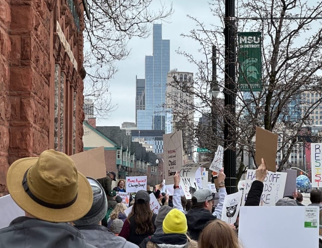 Featured image for the Let's talk about the Hands Off protests in Detroit podcast.