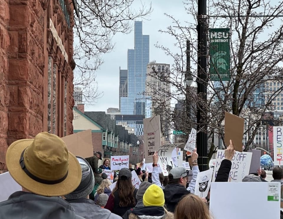 Featured image for the Let's talk about the Hands Off protests in Detroit podcast.